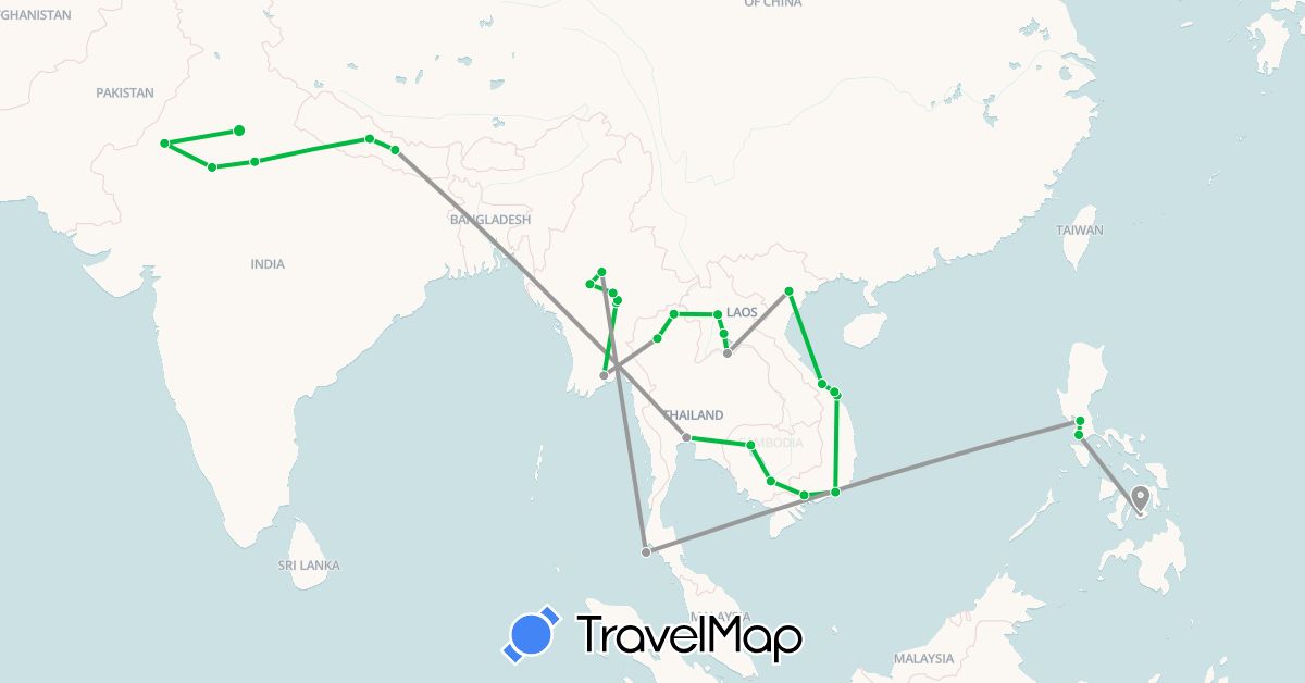 TravelMap itinerary: driving, bus, plane in India, Cambodia, Laos, Myanmar (Burma), Nepal, Philippines, Thailand, Vietnam (Asia)