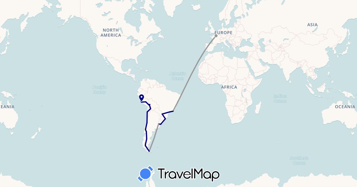 TravelMap itinerary: driving, plane in Argentina, Bolivia, Brazil, Chile, France, Peru, Uruguay (Europe, South America)